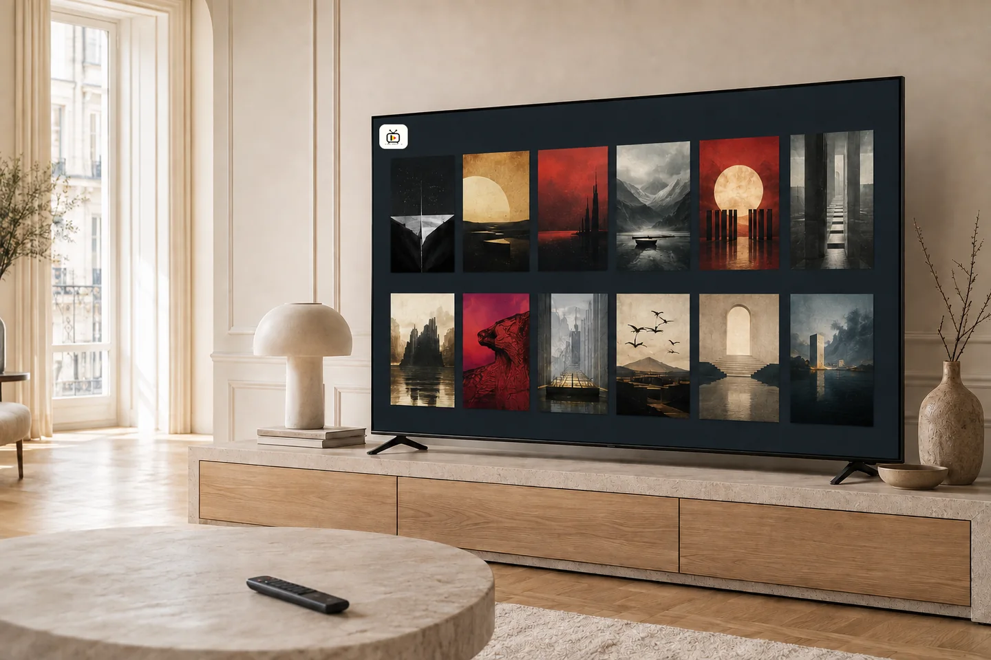 Grand televiseur affichant une bibliotheque de films et series dans un interieur belge