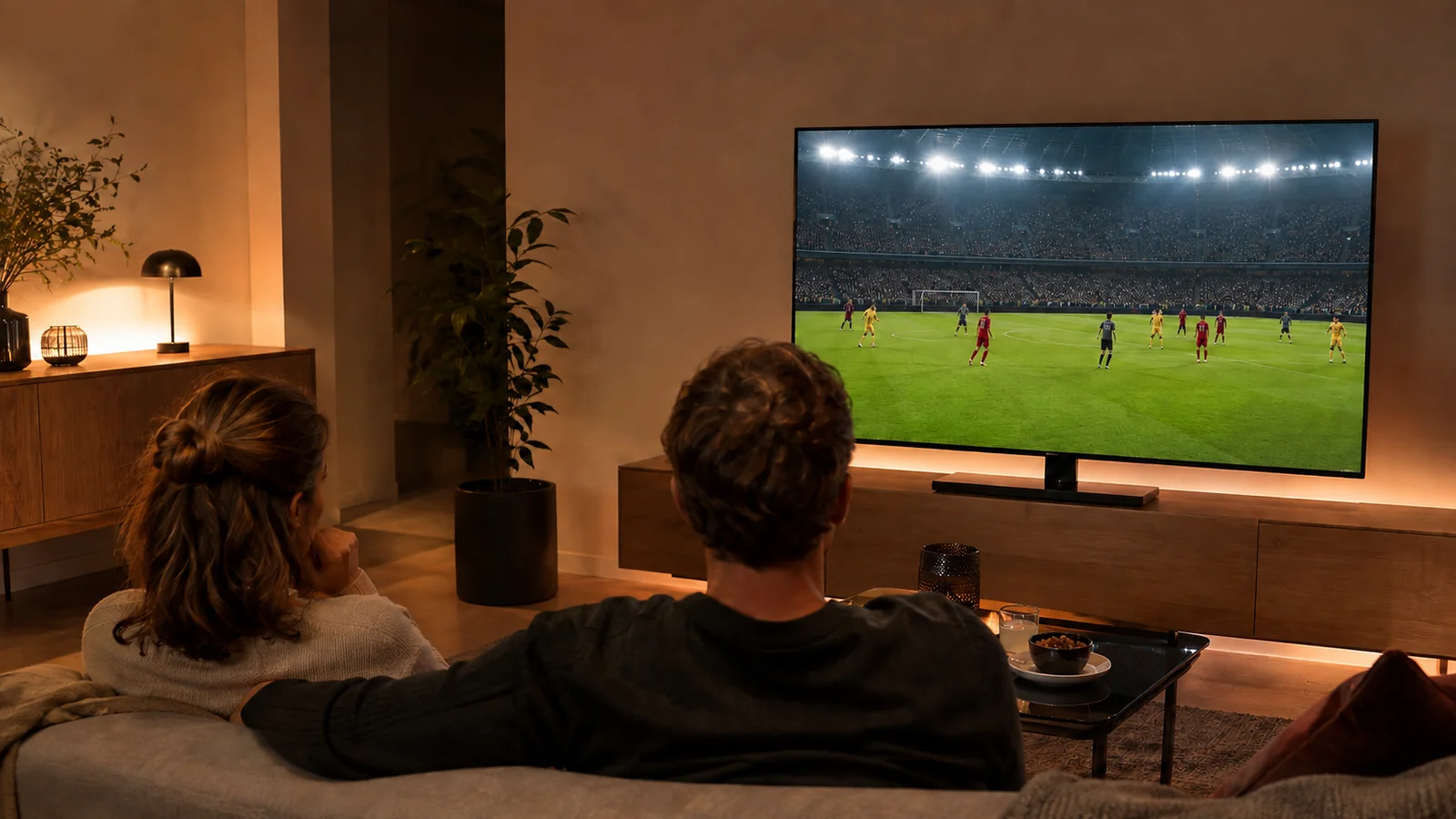 Deux personnes regardant un match de football en soiree sur un grand ecran