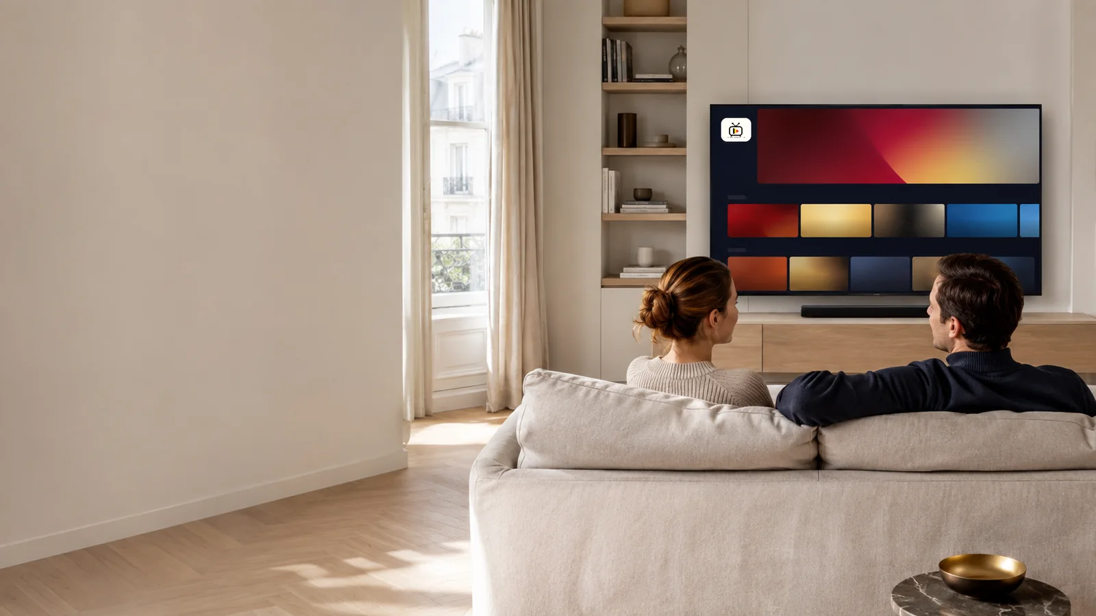Salon belge lumineux : un couple regarde la télévision avec un abonnement IPTV Belgique affiché sur un grand écran