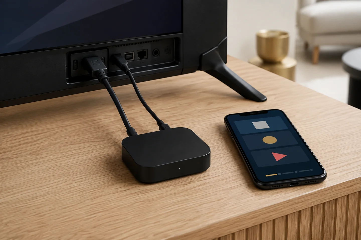 Boîtier de streaming branché derrière un téléviseur pendant l’activation d’un abonnement IPTV