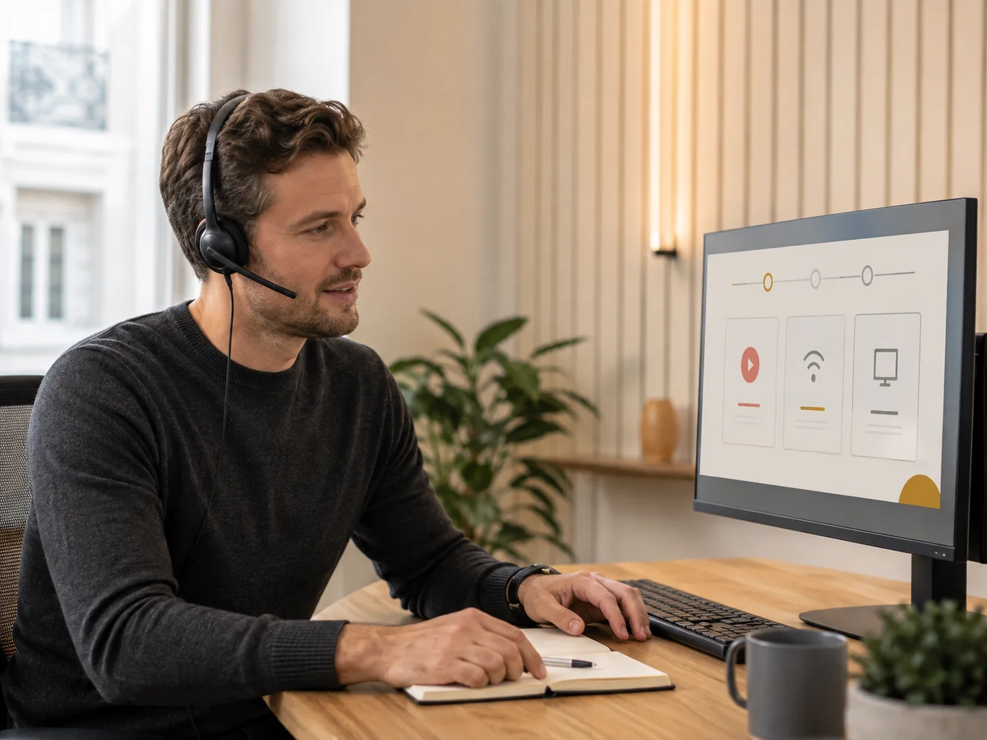 Conseiller du support IPTV Belgique avec un casque, accompagnant un client pendant l’installation