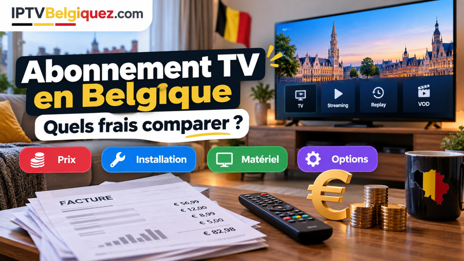 Comparatif des frais d'abonnement TV en Belgique : prix, installation, matériel et options, avec télévision et factures.