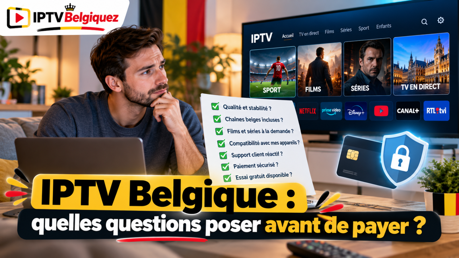 IPTV Belgique : questions à poser avant de payer un abonnement, avec checklist de sécurité, Smart TV et logo IPTVBelgiquez.