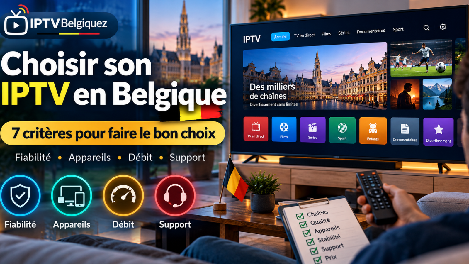 Choisir IPTV Belgique : 7 critères pour trouver un service fiable, comparer les appareils compatibles, le débit internet et l'assistance.